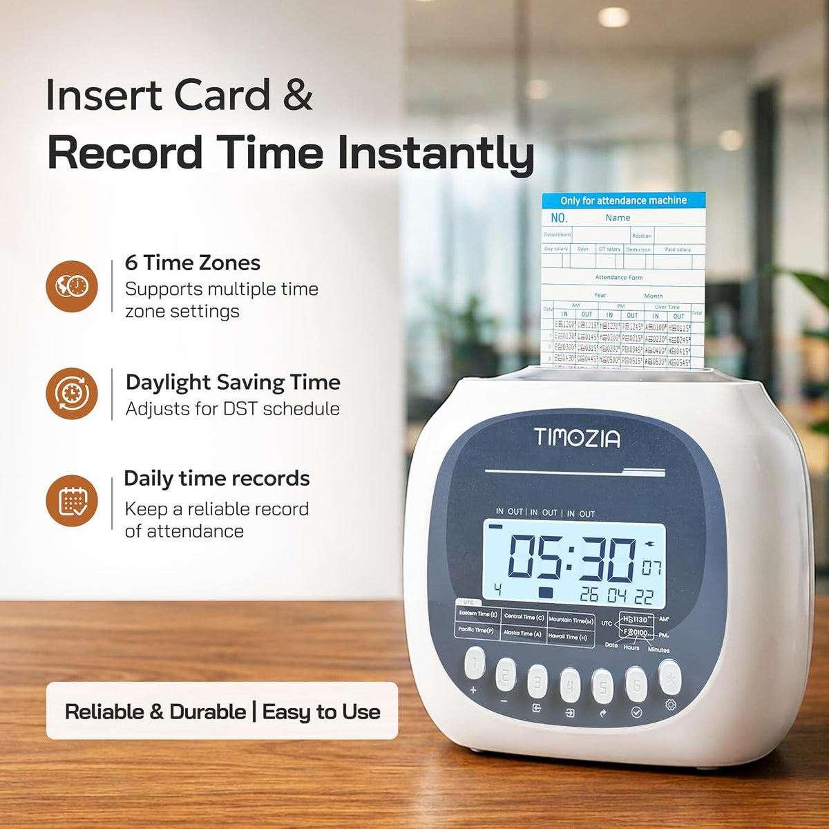 Time Clock for Employees Small Business, 6 Time Zones, Automatic Daylight Saving & Auto Time Update, Punch Card Time Recorder with 6 Punches Per Day-50 Time Cards and 2 Ribbons