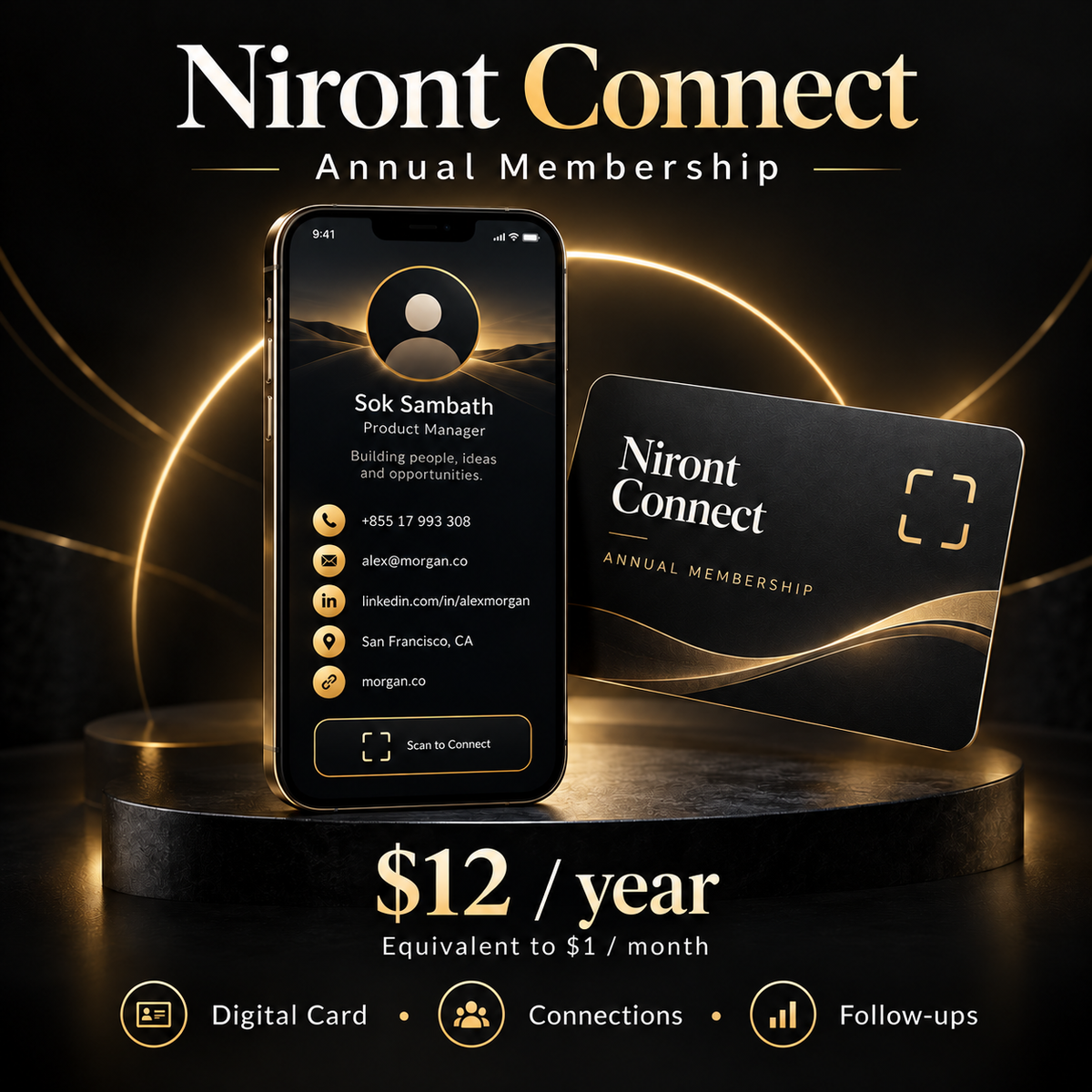 Niront Connect annual membership with a digital business card, contact management, and follow-up features for $12 per year