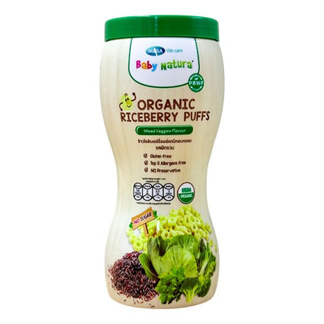 នំក្មេង Baby Natura Organic Mixed Veggies Flavou Riceberry Puffs 40g - នំកូនក្មេង (Baby Cakes)