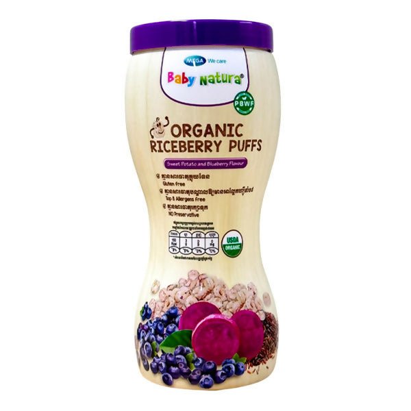 នំក្មេង Baby Natura Organic Sweet Potato & Blueberry Flavour Riceberry Puffs 40g - នំកូនក្មេង (Baby Cakes)