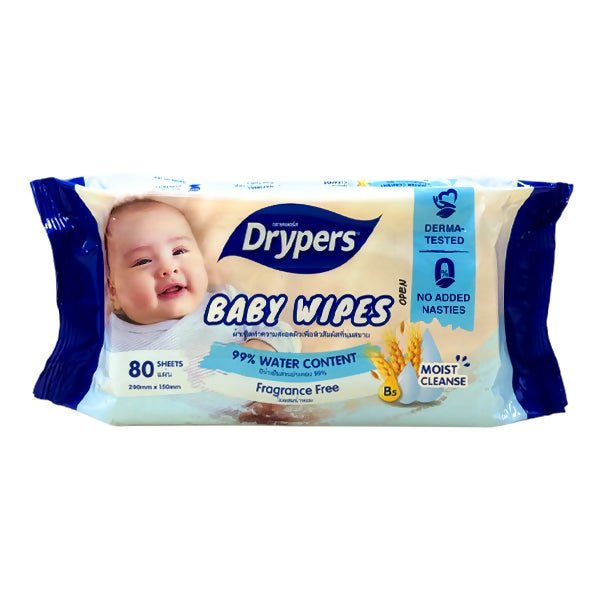 ក្រដាស់សើមអត់ខ្លិន Drypers Baby Wipes 80Sheets Fragrance Free - កន្សែងសើម ក្រដាសស្ងួត និងសំឡីត្បាលត្រចៀក (Wet Wipes, Dry Paper & Earwax)