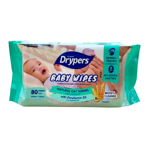 ក្រដាស់សើម Drypers Baby Wipes 80sheets Natural Oat Kernel - កន្សែងសើម ក្រដាសស្ងួត និងសំឡីត្បាលត្រចៀក (Wet Wipes, Dry Paper & Earwax)