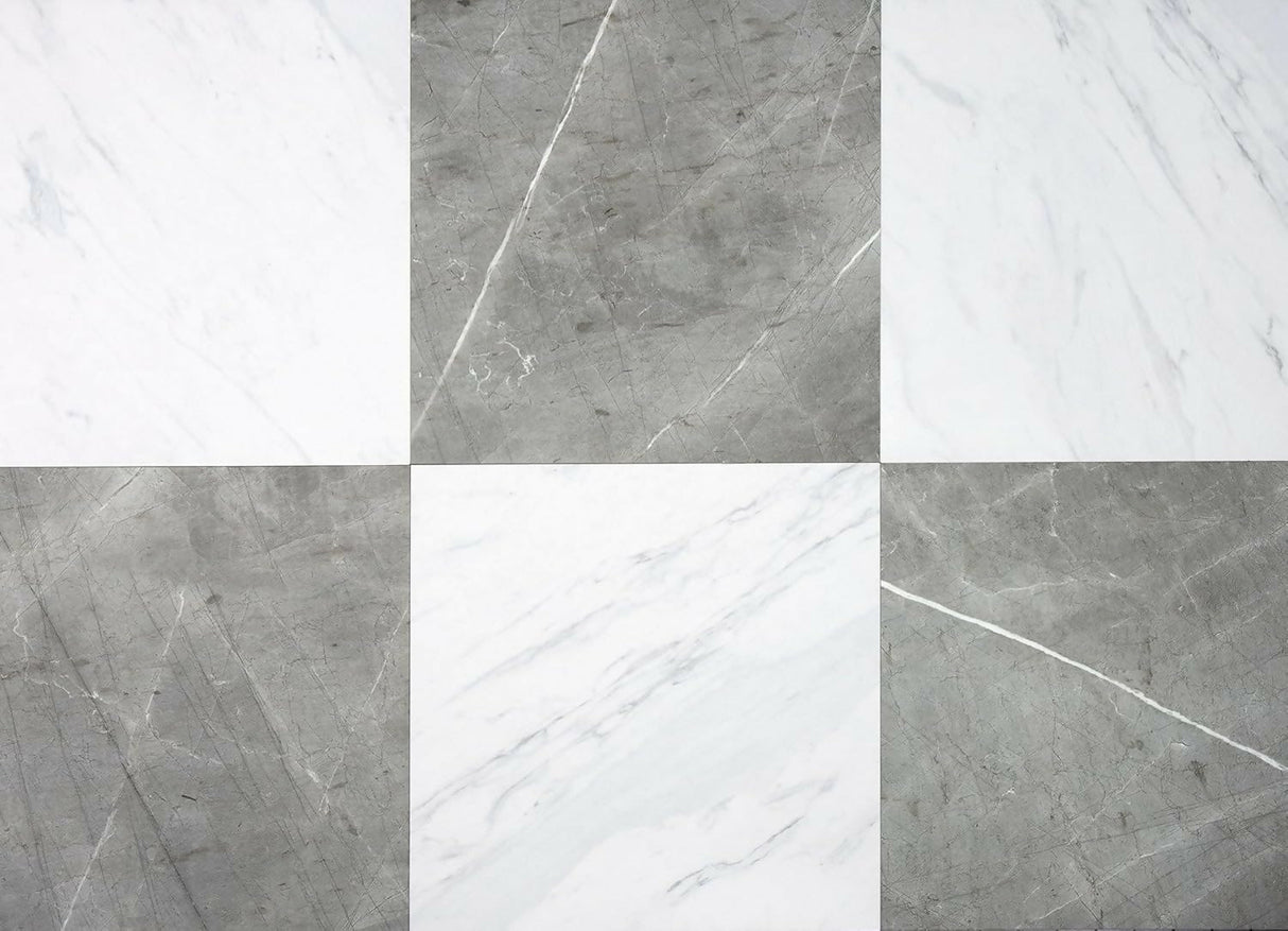 FloorPops x Chris Loves Julia 12 - in by 12 - in Bonneville Grey & White Marble Peel & Stick Floor Tiles - New Constructions