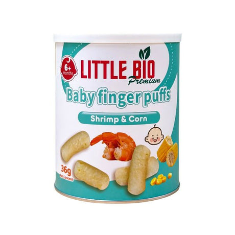 នំកំប៉ុង Little Bio Baby Finger Puffs Shrimp & Corn 36g (6m+) - នំកូនក្មេង (Baby Cakes)
