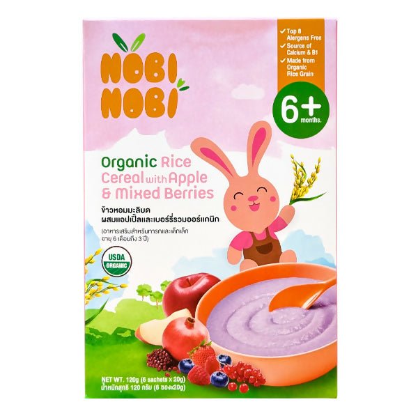 ម្សៅបបរសរីរាង្គ Nobi Nobi Organic Rice Cereal with Apple & Mixed Berries 120g - ម្សៅបបរ (Porridge Powder)