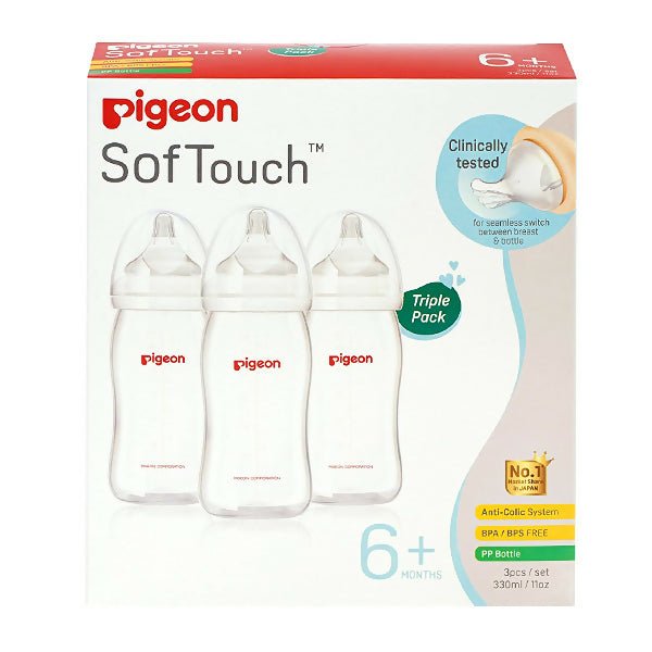 ដប Pigeon Softouch 330ml x3 Triple Pack Feeding Bottle - ដបដោះគោ ដបទឹក & ក្បាលប្តូរ (Milk Bottle Water Bottle & Changing Pads)