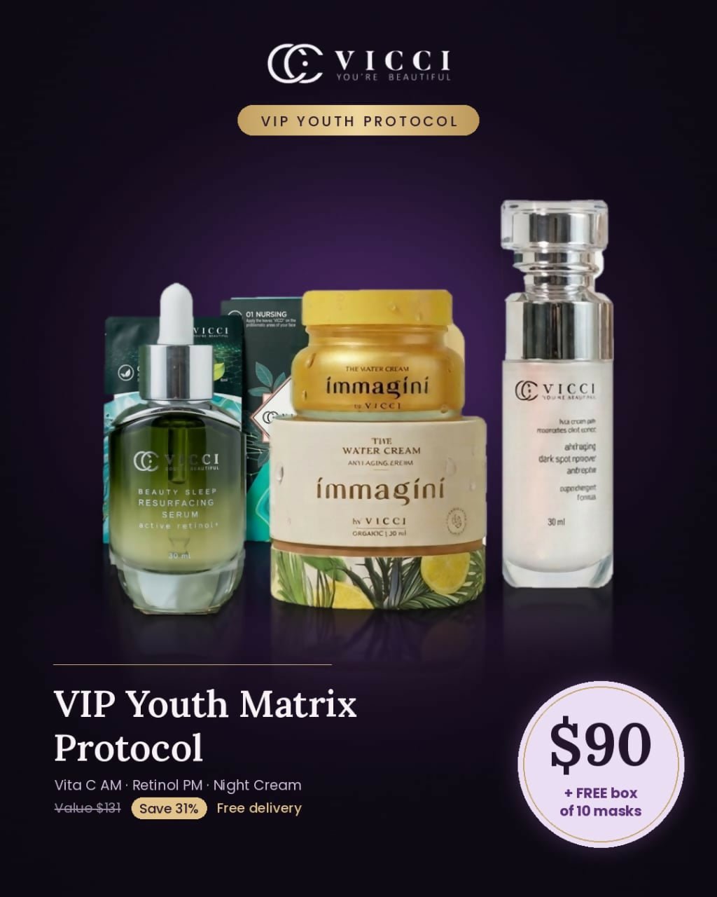 Set - Immagini Vita C Cream + Retinol Serum + Night Cream + box of face masks (10pc) - Cosmetic Product