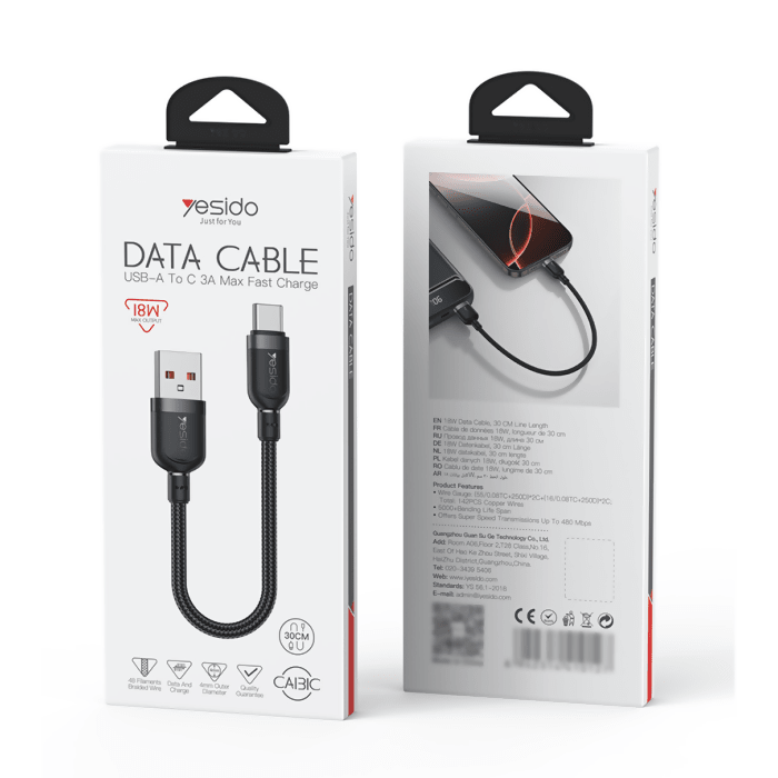 Yesido CA132C 1.2M USB to Type-C 18W Fast Charging Braided Cable - Charging Cable & Lightning Data