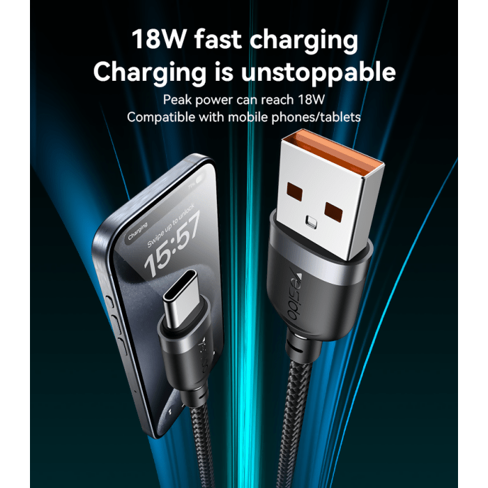 Yesido CA132C 1.2M USB to Type-C 18W Fast Charging Braided Cable - Charging Cable & Lightning Data