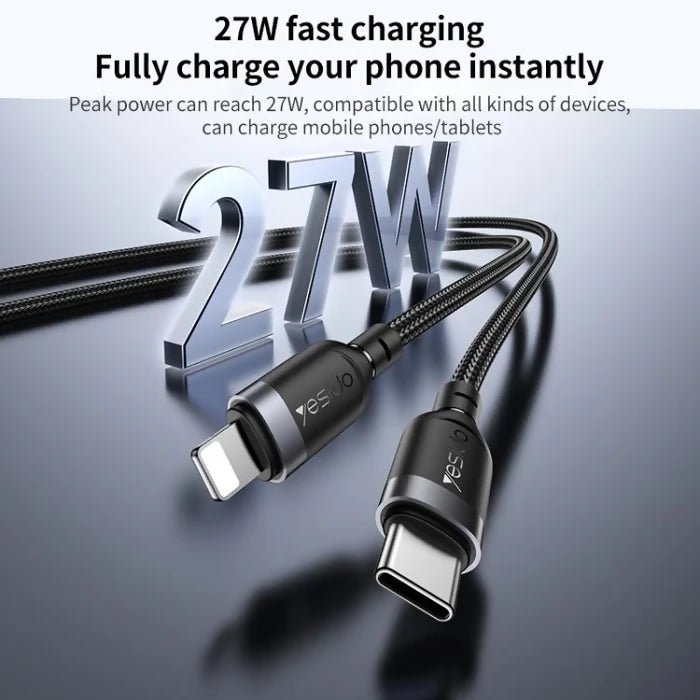 Yesido CA189 27W Type-C to 8 Pin Aluminum Alloy Data Cable, Length: 1.2m(Black) - Charging Cable & Lightning Data