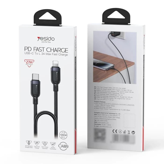Yesido CA189 27W Type-C to 8 Pin Aluminum Alloy Data Cable, Length: 1.2m(Black) - Charging Cable & Lightning Data