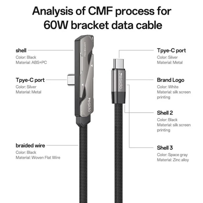 Yesido CA207 60W Type-C to Type-C Elbow Fast Charging Data Cable with Phone Holder, Length:1.2m(Gun Black) - Charging Cable & Lightning Data