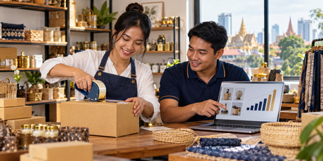 Seller preparing an order while reviewing the business with a partner.