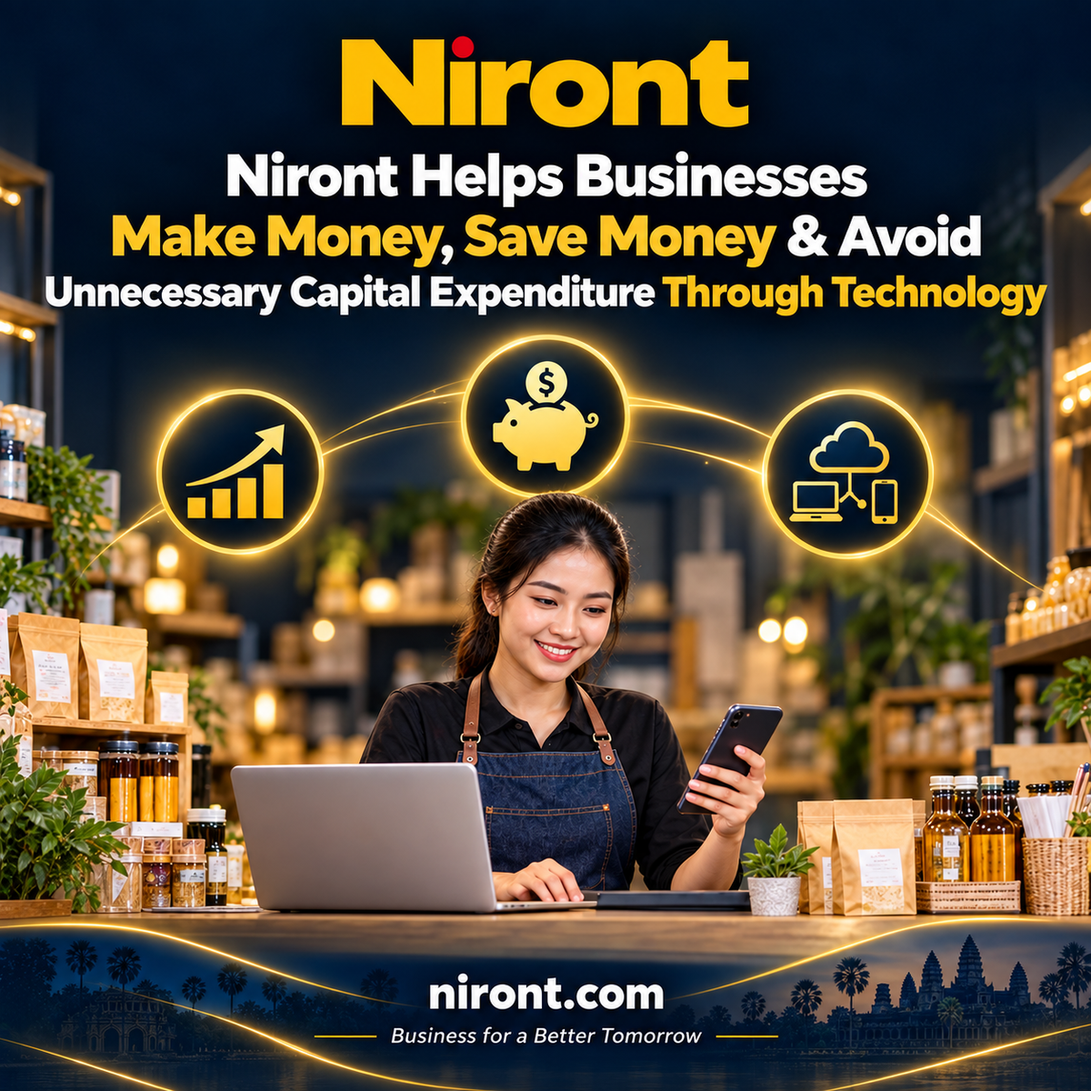 Cambodian entrepreneur using technology to manage online sales, product promotion, delivery, analytics and an exhibition booth.