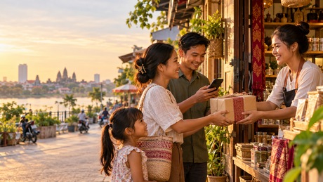 Cambodian family receiving an order from a local shop owner