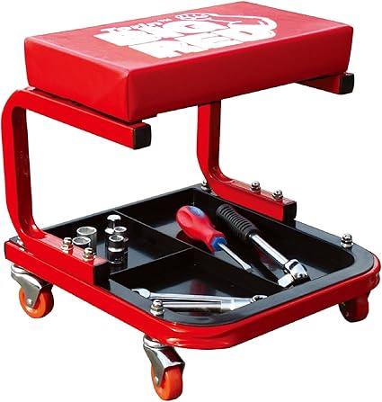 Torin TR6300 Red Rolling Creeper Garage/Shop Seat: Padded Mechanic Stool with Tool Tray Large