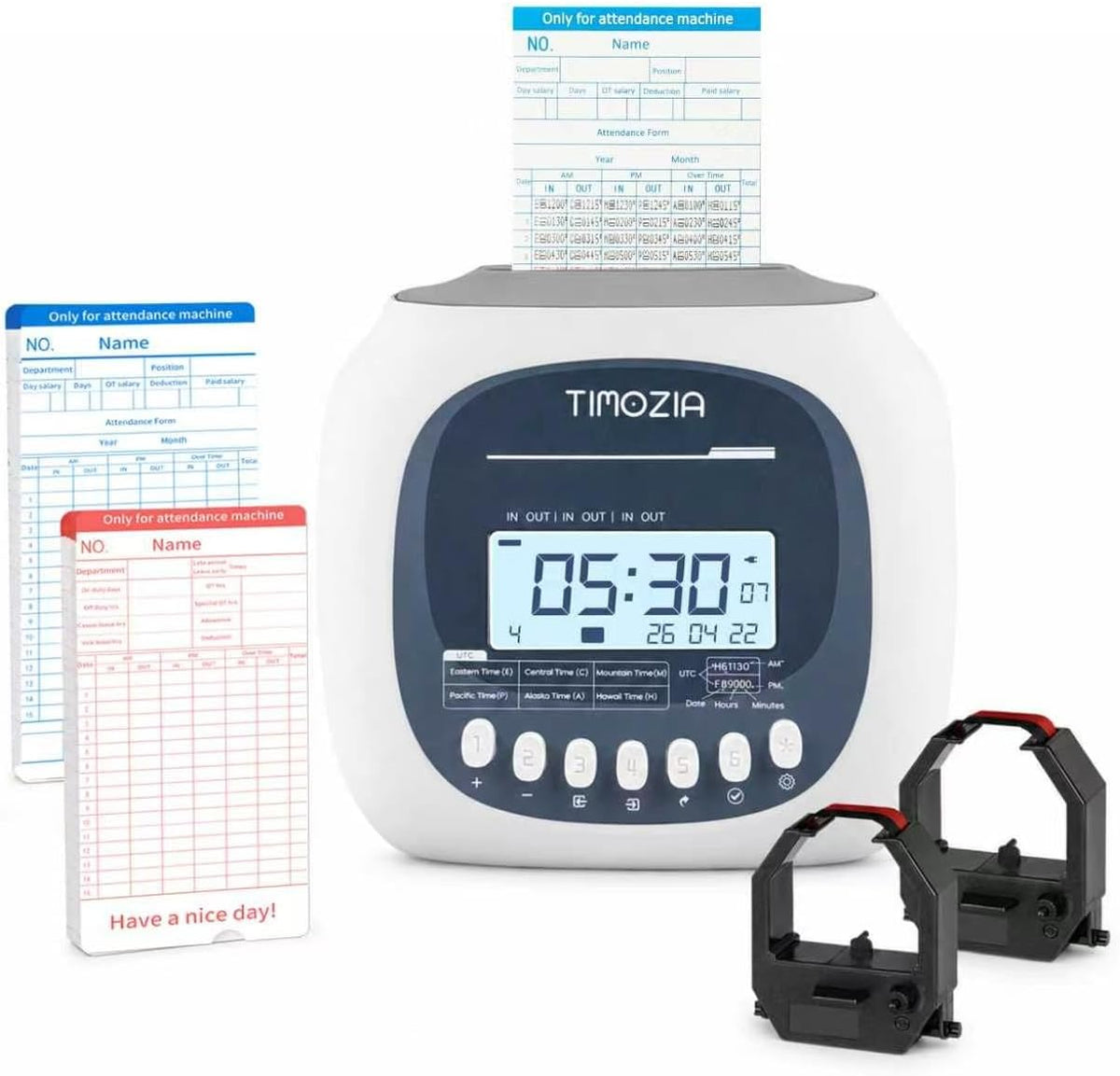 Time Clock for Employees Small Business, 6 Time Zones, Automatic Daylight Saving & Auto Time Update, Punch Card Time Recorder with 6 Punches Per Day-50 Time Cards and 2 Ribbons