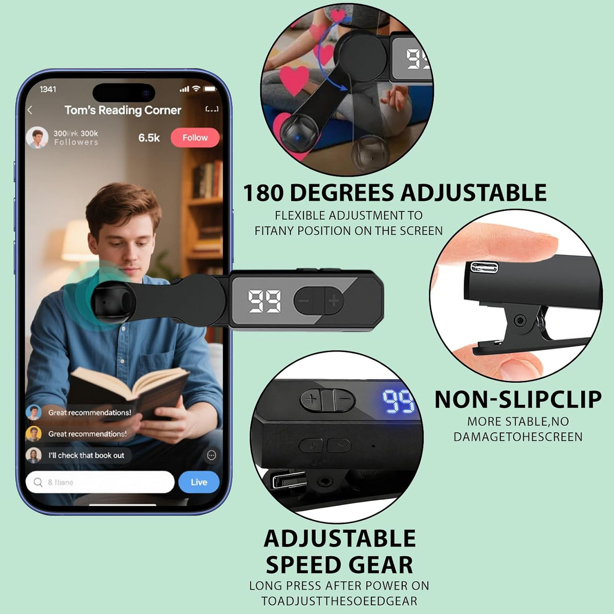 Rechargeable Auto Clicker for Smart Phone, Wireless Phone Screen Device Speed Clicker for iPhone iPad Apps, Fast Click Continuous Click for Tiktok, Live Broadcasts Likes