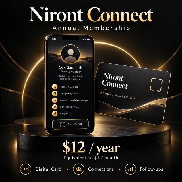 Niront Connect annual membership with a digital business card, contact management, and follow-up features for $12 per year