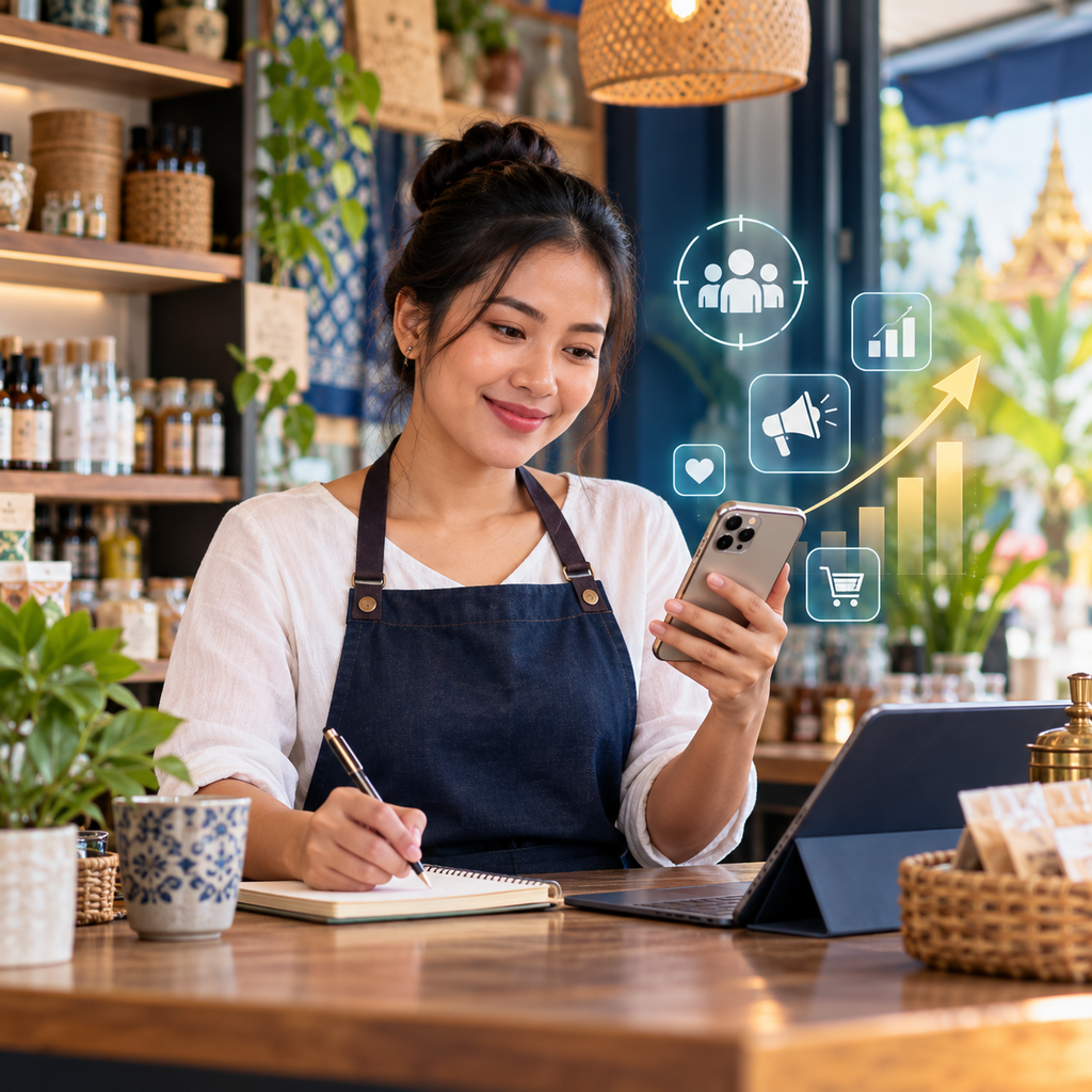 Cambodian small-business owner using a smartphone while planning digital marketing at her shop