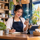 Cambodian small-business owner using a smartphone while planning digital marketing at her shop