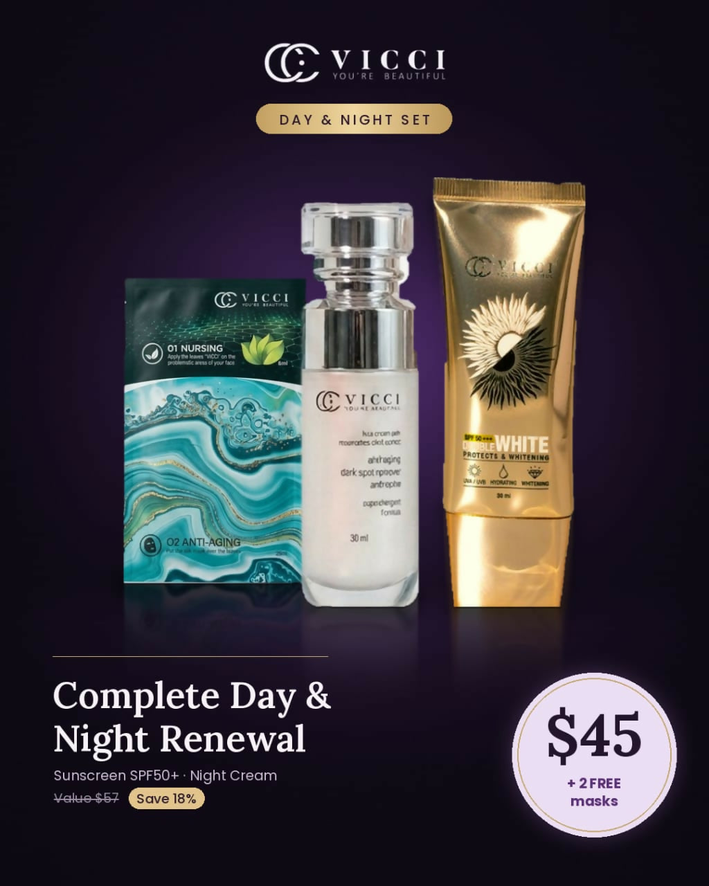 Set - Sunscreen SPF50 + Resurrection Plant Night Cream + 2 pcs Face Masks