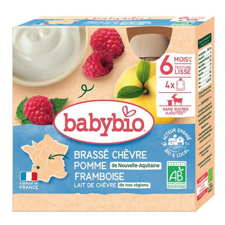 យ៉ាអ៊ួរក្មេង Babybio Goat's Stirred Milk Apple Raspberry 4x85g - អាហារក្មេង (Baby Food)