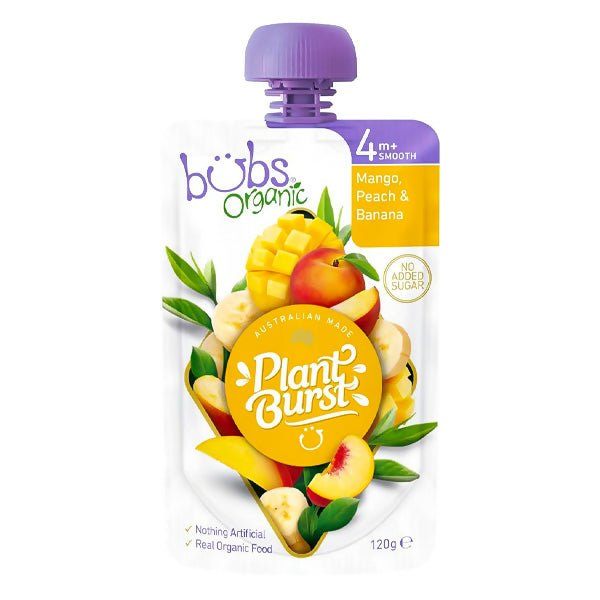 អាហារក្មេង Bubs Organic Mango, Peach & Banana 120g - អាហារក្មេង (Baby Food)