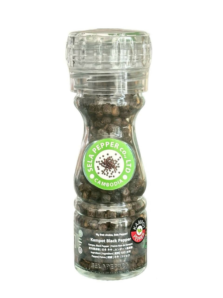 Kampot Black Peppercorn in Glass Bottle with Adjustable Grinder 40g - Healthy Food