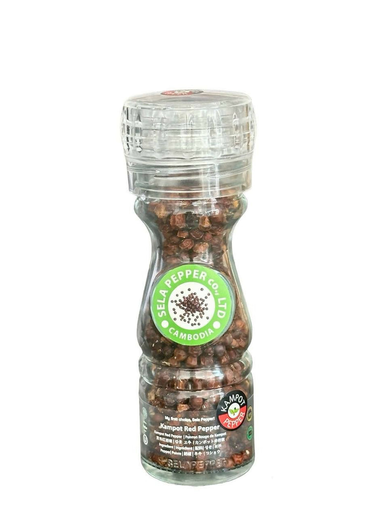 Kampot Red Peppercorn in Glass Bottle with Adjustable Grinder 40g - Healthy Food