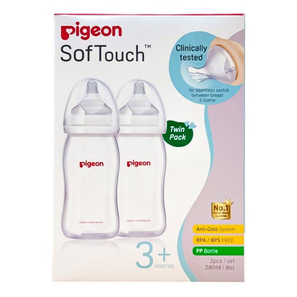 ដបទឹកដោះគោ Pigeon Softouch Twin Pack PP 240ml x2 - ដបដោះគោ ដបទឹក & ក្បាលប្តូរ (Milk Bottle Water Bottle & Changing Pads)