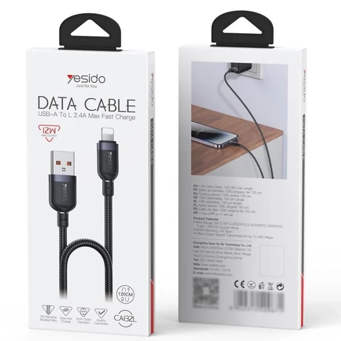 Yesido CA132L 12W 2.4A USB to 8 Pin Charging Data Cable, Length:1.2m - Charging Cable & Lightning Data