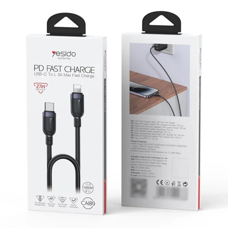 Yesido CA189 27W Type-C to 8 Pin Aluminum Alloy Data Cable, Length: 1.2m(Black) - Charging Cable & Lightning Data