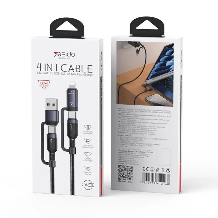 Yesido CA200 1.2m 60W USB / Type-C to Type-C / 8 Pin Fast Charging Data Cable(Black) - Charging Cable & Lightning Data