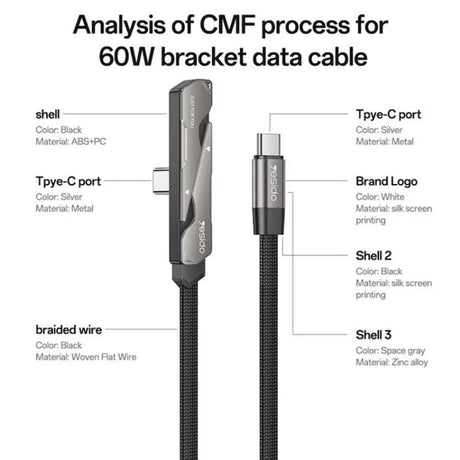 Yesido CA207 60W Type-C to Type-C Elbow Fast Charging Data Cable with Phone Holder, Length:1.2m(Gun Black) - Charging Cable & Lightning Data