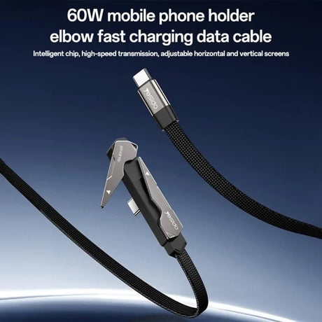 Yesido CA207 60W Type-C to Type-C Elbow Fast Charging Data Cable with Phone Holder, Length:1.2m(Gun Black) - Charging Cable & Lightning Data
