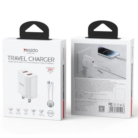 Yesido YC17U 12W 2.4A USB Dual Ports Charger Set with 1m USB to Type-C Data Cable - Charger