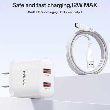 Yesido YC17U 12W 2.4A USB Dual Ports Charger Set with 1m USB to Type-C Data Cable - Charger
