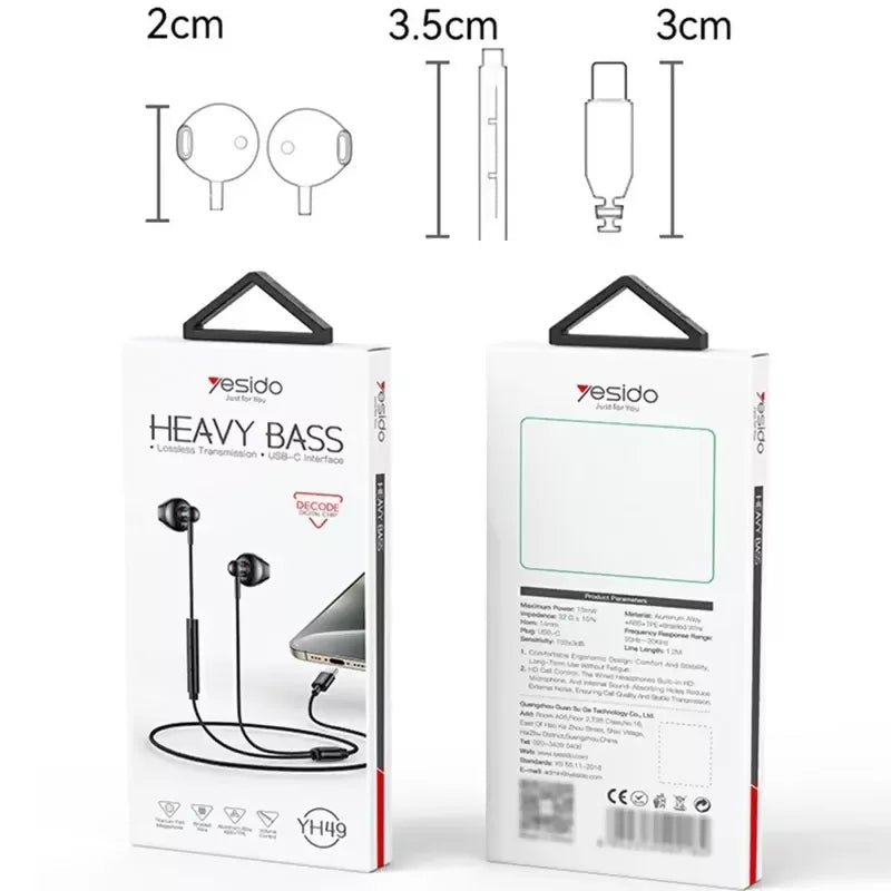 Yesido YH49 Type-C Digital Earphones Lossless Audio Wired Earbuds - Earphones