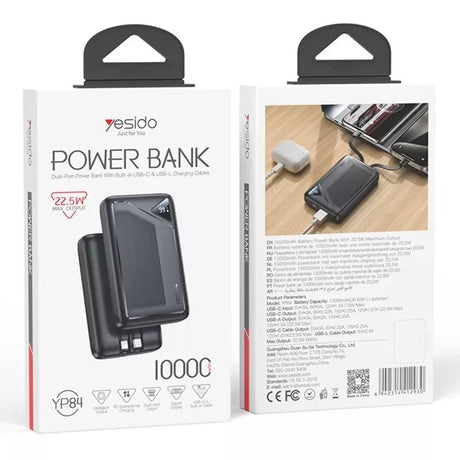 Yesido YP84 10000mAh Power Bank Digital Display 22.5W Fast Charging Portable Phone Charger with Built-in Type-C 8Pin Cable - Power Bank