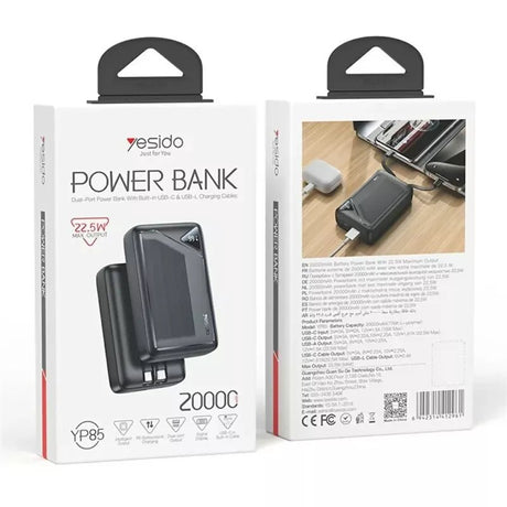 Yesido YP85 20000mAh Power Bank with Built In Type C + iP Cables Digital Display 22.5W Fast Charging Portable Charger - Power Bank