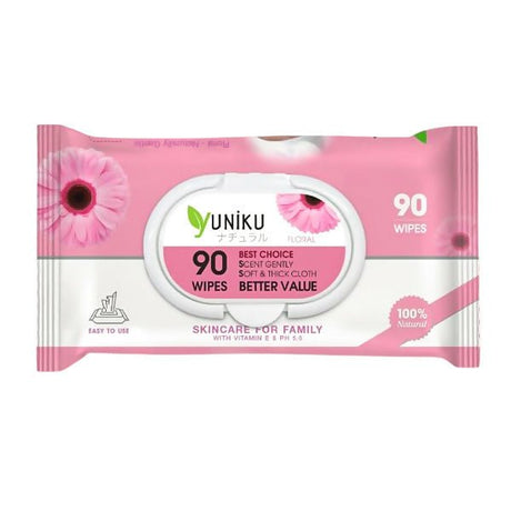 កន្សែងសើម Yuniku Wipes Floral 90pcs - កន្សែងសើម ក្រដាសស្ងួត និងសំឡីត្បាលត្រចៀក (Wet Wipes, Dry Paper & Earwax)