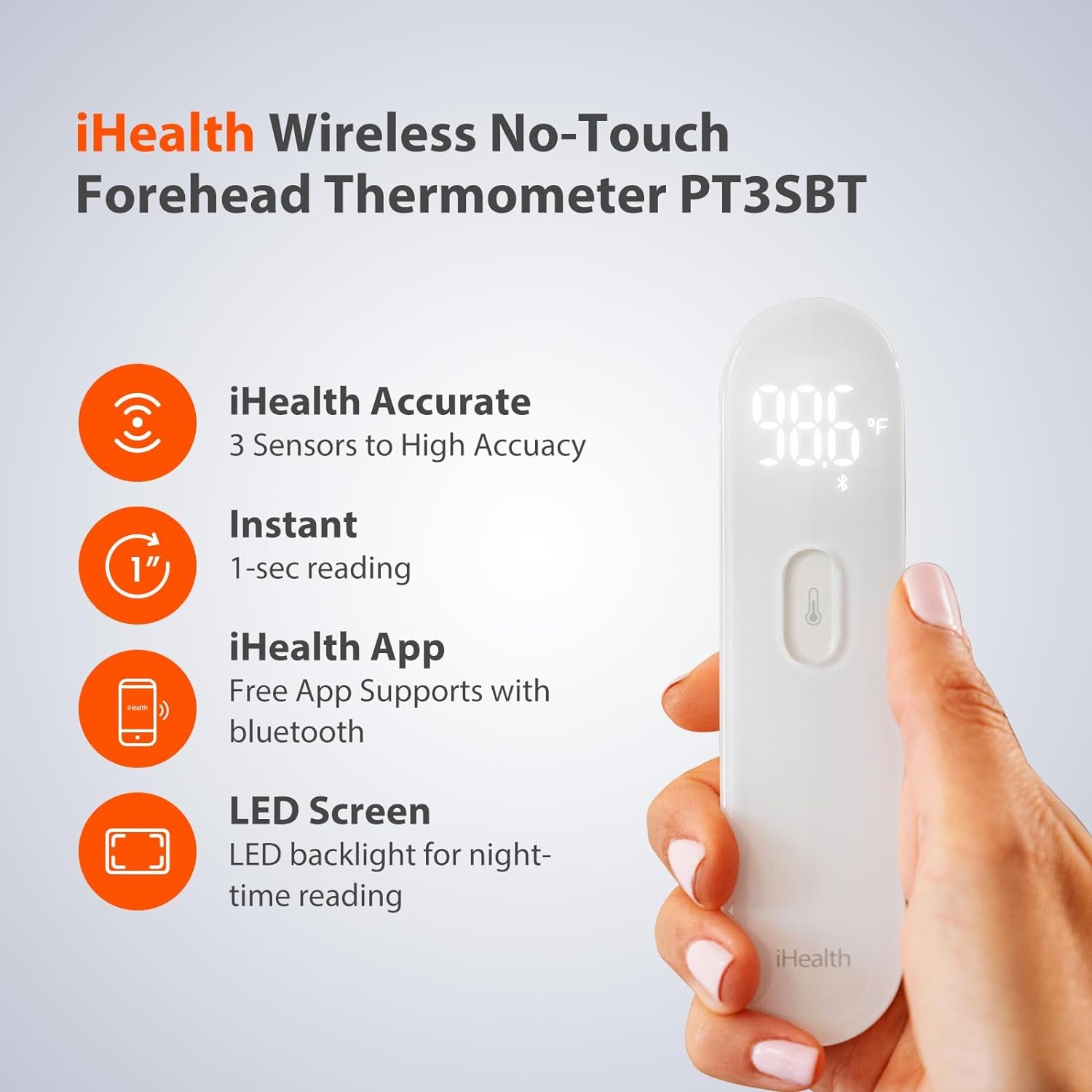 iHealth Smart Bluetooth Thermometer for Adults and Kids - Wireless No-Touch Digital Thermometer for Forehead - 3 Ultra-Sensitive Sensors, Large LED Digits, Vibration Mode - for Home Use, PT3SBT -