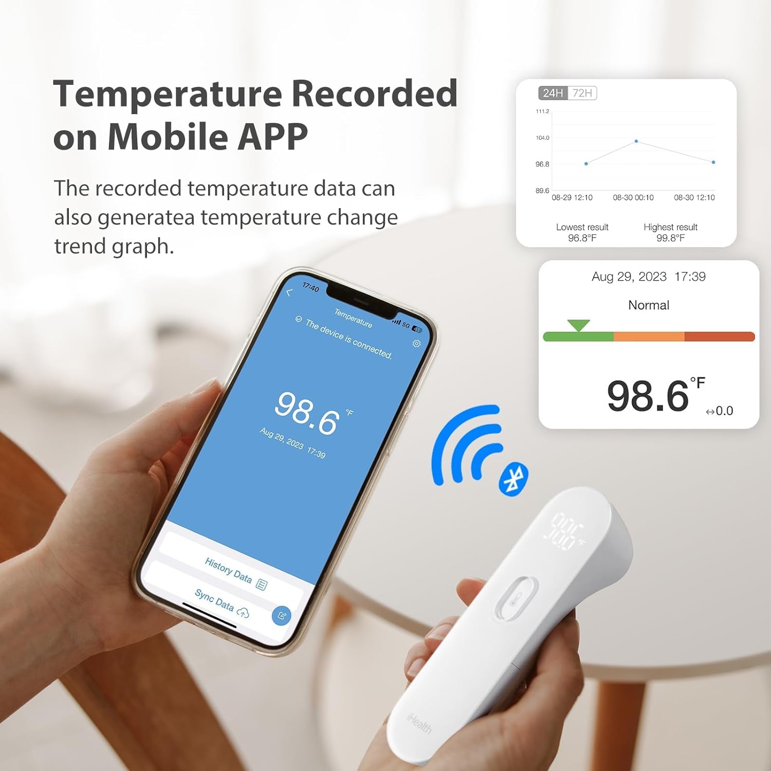iHealth Smart Bluetooth Thermometer for Adults and Kids - Wireless No-Touch Digital Thermometer for Forehead - 3 Ultra-Sensitive Sensors, Large LED Digits, Vibration Mode - for Home Use, PT3SBT -
