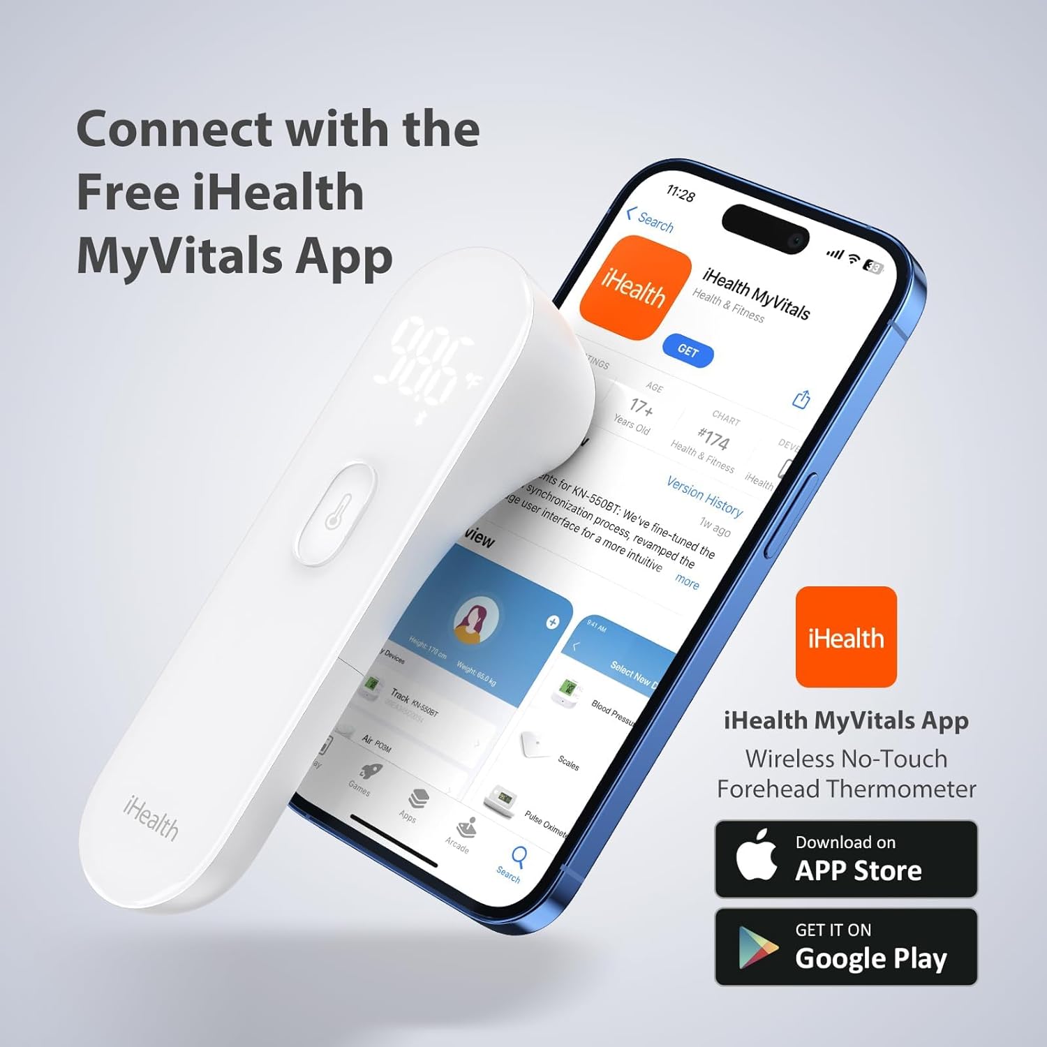 iHealth Smart Bluetooth Thermometer for Adults and Kids - Wireless No-Touch Digital Thermometer for Forehead - 3 Ultra-Sensitive Sensors, Large LED Digits, Vibration Mode - for Home Use, PT3SBT -