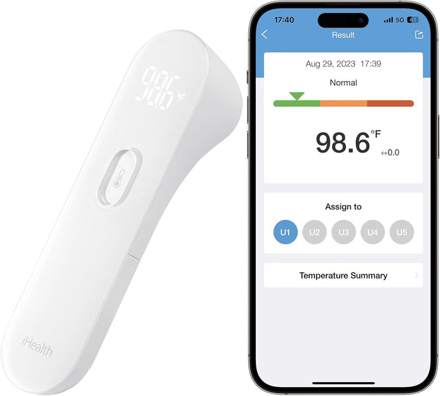 iHealth Smart Bluetooth Thermometer for Adults and Kids - Wireless No-Touch Digital Thermometer for Forehead - 3 Ultra-Sensitive Sensors, Large LED Digits, Vibration Mode - for Home Use, PT3SBT -