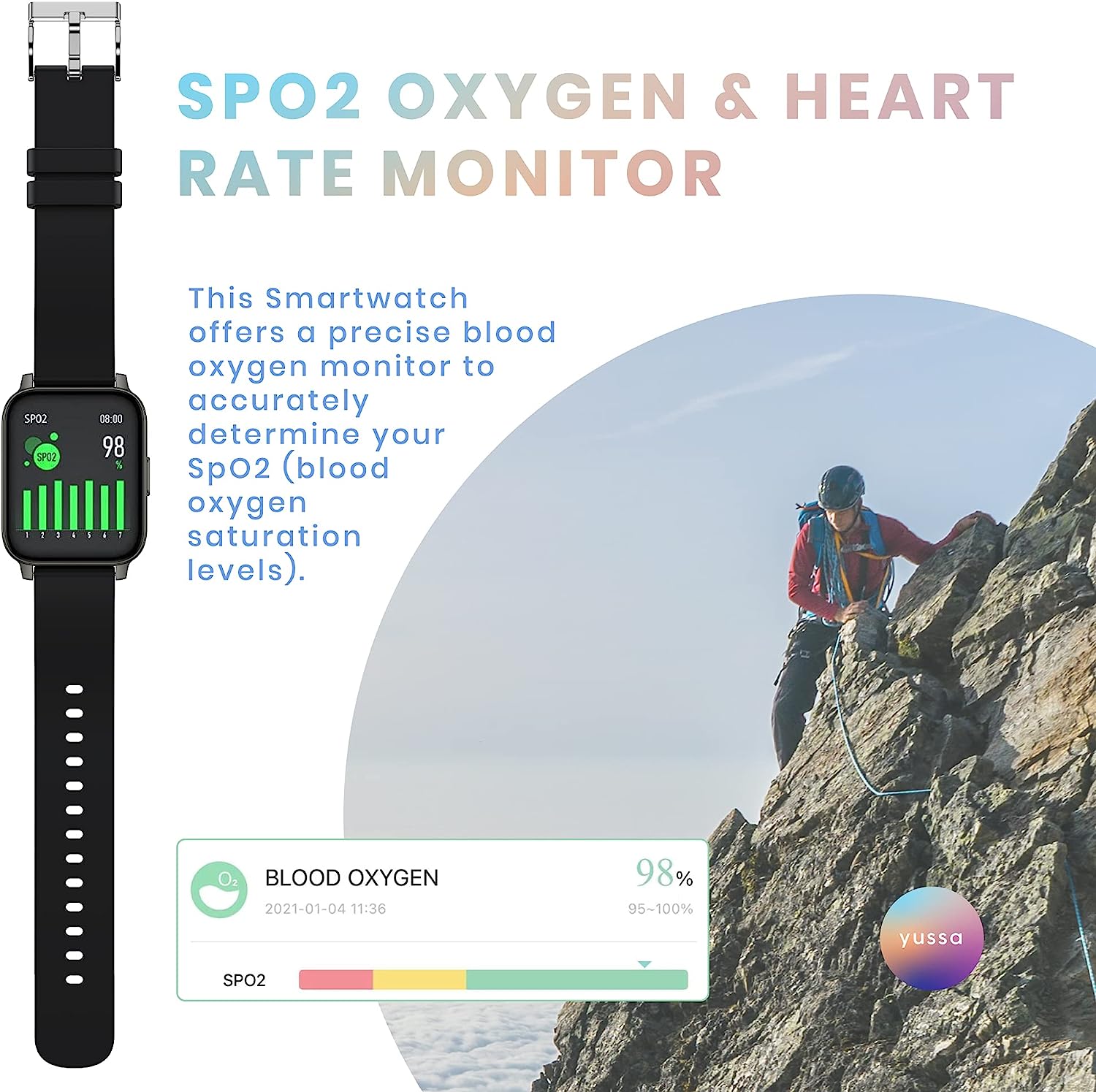 yussa Smartwatch | Latest Generation 2023 | Blood Pressure Monitor | Blood Oxygen SpO2 | Heart Rate | Sleep Monitor | IP67 Waterproof | Fitness Tracker | for Women and Men -